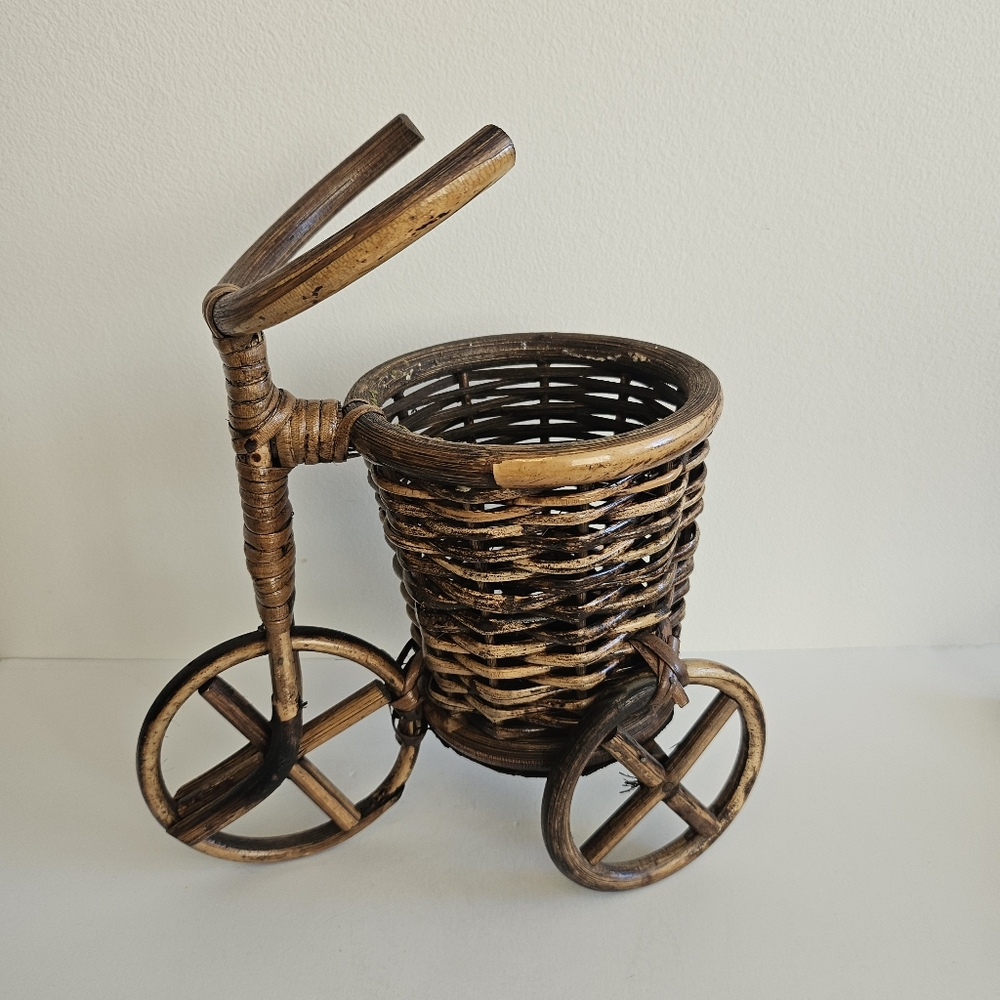 Vintage Bamboo & Wicker TRICYCLE Plant Stand Boho Decor Rattan Bike